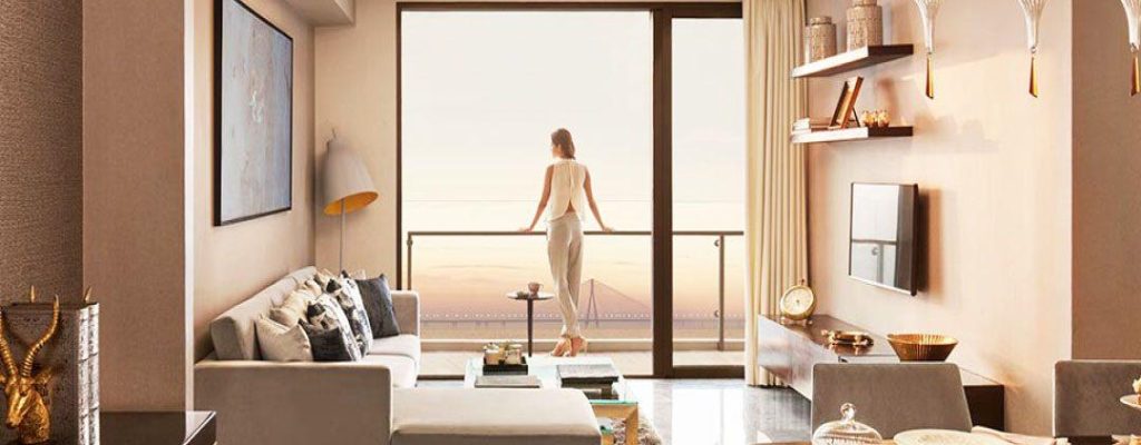 Interior view of flat where a girl standing in balcony at Lodha New Cuffe Parade, Wadala